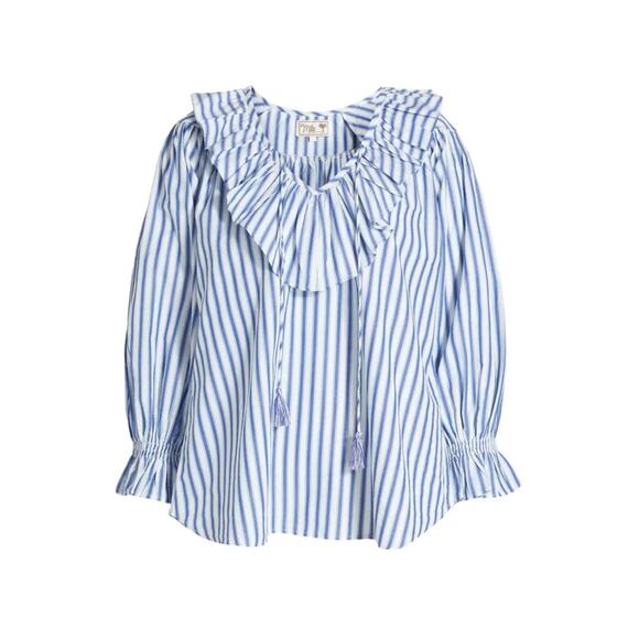 MIlle May Ruffle Stripe Cotton Blouse - S Blue Stripe - Picture 1 of 7